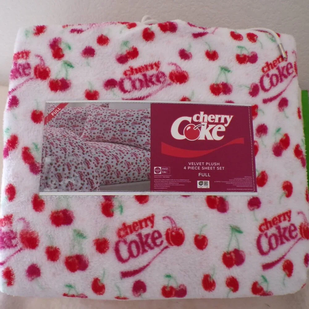 Coca-Cola Cherry Coke FULL Bed Plush Sheet Set Red White Soda Logo NWT NEW